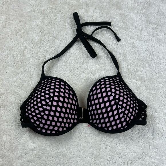 Victoria's Secret pink and black mesh halter bikini top, 34D - Picture 2 of 8
